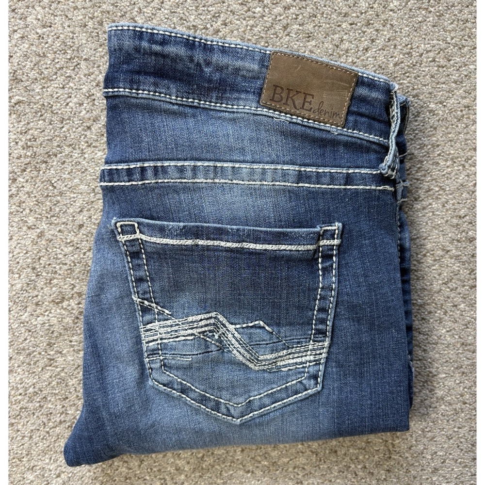BKE Stella Bootcut Jeans Womens 28x31.5 Dark Blue Denim Faded Mid Rise Buckle